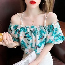 [이꾸띠] 비호올드리 여성 오프숄더 끈포인트 꽃무늬 화려한 2컬러 블라우스