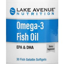 Lake Avenue Nutrition 오메가3 피쉬 오일 피쉬 젤라틴 소프트젤 30정 필수영양소, 1개