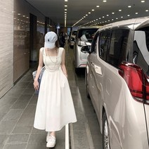 봄 스퀘어 넥 서스펜더 드레스 여성 허리 수축 프렌치 롱 스커트