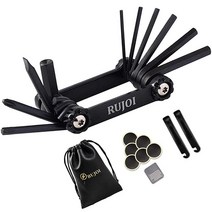 RUJOI 자전거 수리 세트 가방 도구 키트 10 in 1 다기능 공구 육각 키 앨런 렌치 2 피스 Staniless 타이어 레버 2개 접착제 없는 패치 MTB 및 로드 바이크 포, Black-m10 +Bike Bag