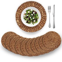 (4가지 사이즈: 30.5cm-33cm-35.6cm-38.1cm) BARIEN 브라운 우븐 플레이스 매트 라운드 10개 세트 식탁용 천연 워터 히아신스 직조 매트 대형 핸드메이, 단일사이즈
