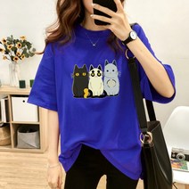 스타일아유 여성 여름용 오버핏 반팔 티셔츠 200g순면 원작 귀여운 고양이 프린트 빅사이즈 M~2XL 루즈핏 반팔티 롱티 자체제작