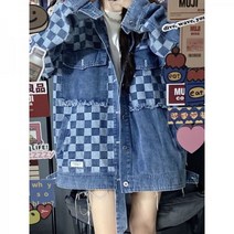 여성청자켓 여자청바지 라샤펠 스포츠데님코트 여춘추 루즈핏 빈티지 아메리칸 디자인 쁘띠 바둑판체크자켓 상의 트렌드 503블루_고퀄리티 S