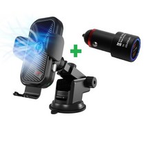 [해솔] 차량용 쿨링팬 무선충전거치대+시거잭 세트 고속충전 듀얼포트 15W 퀄컴 QC3.0 자동차 핸드폰 휴대폰 충전기 아이폰 갤럭시 차량 용, 블랙