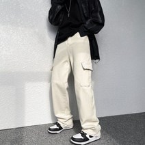 남성 스판 와이드 통 스키니 청바지 헐렁한 포켓 캐주얼 블랙/베이지 스트레이트 Streetwear 느슨한 힙합 데님 카고 바지 망