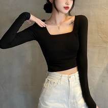 데이룸 여성 기본 면 스퀘어넥 긴팔 티셔츠