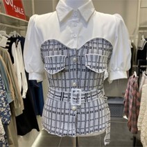 라티움 NC05 체크 콤비 벨트블라우스 쟈켓형 블라우스 T2323BL02