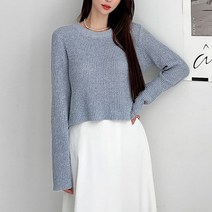 뜨개진 여성용 레이온 부클 골지 크롭 쿼츠라운드 니트