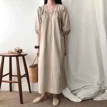 데일리와이 국내제작 마룬 퍼프 셔링 롱 린넨 원피스 빅사이즈
