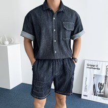 데일트 남자 오버핏 린넨 여름 데님 반팔 셔츠 남방