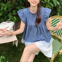 시크마녀 베이비돌블라우스 캡소매블라우스 셔링 a라인 레이스 면 펀칭
