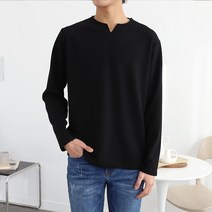 더베이직샵 베이직 슬릿넥 링클프리 리버풀 원단 브이넥 무지 긴팔 티셔츠
