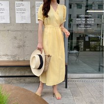 기타브랜드 네쥬 여성 봄 여름 브이넥 퍼프 데일리 반팔 랩원피스