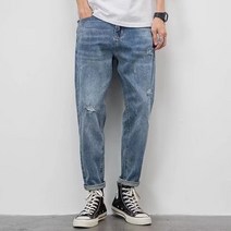 이유까까 남성용 와이드 배기핏 데님워싱 청바지