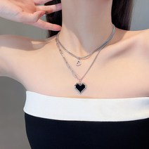 DFMEI 한국판 뉴 블랙 모자이크 하트 픽셀 목걸이 피치 펜던트 이중 레이어드 초선 체인 히하조