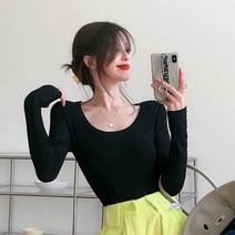 [레티고] 여성 긴팔 슬림 U넥 무지 이너 티셔츠