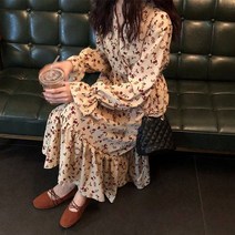 트루픽 레드 플라워 패턴 허리 리본 롱 원피스 봄 가을 러블리 데이트룩 꽃원피스