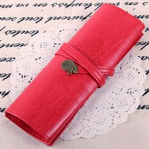 뽀띠나 가죽 스웨이드 필통 파우치 빈티지 펜슬 케이스 스냅 포켓 두루마리롤 볼펜 펜 연필 휴대용 학생 직장 수납 보관 정리 멀티 사무 미용 다용도 다기능 붓통 화방 미술, 1개, 빨강색