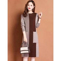 미미앤느 중년 여성 라운드넥 배색 스트라이프 포켓 긴팔 니트 미디원피스