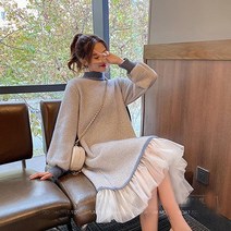 여름캐주얼원피스 쉬폰원피스 미니원피스 따뜻한 하프 하이 칼라 코지 패널 디자인 두꺼운 패치워크 메쉬