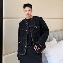 가을 겨울 남자 캐주얼 노카라 트위드 자켓 재킷 배색 라인 아우터