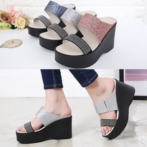 벨루치슈즈 여성 수제화 화려한 글리터 큐빅 키높이 10cm 가보시 통굽 슬리퍼 뮬샌들 웨지힐 슬리퍼 국내제작
