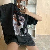 여자 어드벤처 고양이 사진 프린팅 캐주얼 반팔티