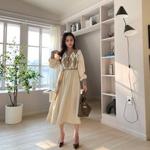 쮸샵 아가일 니트 콤비 원피스