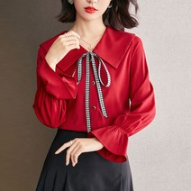 오버클래쓰 여성 브이넥 빅카라 슬림핏 쉬폰 기본 단색 블라우스