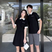 단가라 원피스 커플룩 블랙 남녀 여름 슬림 반팔티 캐주얼 휴가패션 바캉스