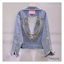 티피 여성 청춘의 활력 큐빅 술 장식 하트 배클 리스 데님 코트