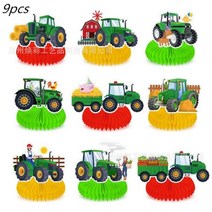 농장 녹색 트랙터 차량 일회용 식기 세트 생일 축하 트럭 플레이트 컵 풍선 배너 소년 파티 장식 용품, 9pcs honeycomb