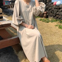 체인지쉬 (change she) 여성스러운 오버핏 벌룬소매 린넨 마 빈티지 롱원피스