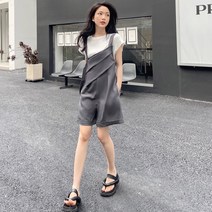멜빵 반바지 세트 여 여름 감령 패션 코디 화이트 T 멜빵 사선 와이드 정장 점프슈트