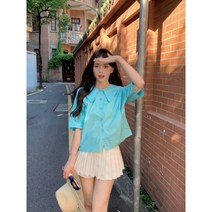 리얼 샷 2023 여름 새로운 귀여운 순수 일본 디자인 인형 칼라 아카데미 스타일 여성을위한 올 매치 반팔 셔츠