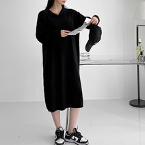뜨개진 여성용 루즈핏 카라 니트 폴린 롱 원피스