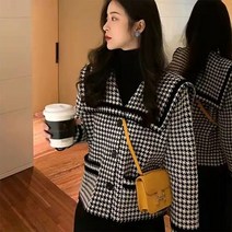 코지 여자 세련된 하운투스 빅카라 배색 크롭 자켓