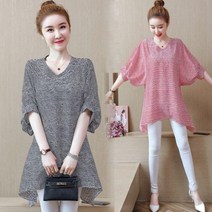 Haengbuk 여름 반팔 쿨맥스 여성 쉬폰 롱 셔츠 빅사이즈