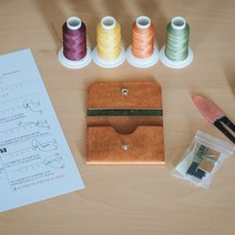 일로레더 심플 가죽 카드지갑만들기 가죽공예키트 DIY 학교수업재료 공예반제품 바느질공예 (이니셜각인포함), 핑크, 옐로우