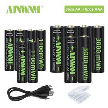 Ajnwnm 1.5v AA USB 충전식 산업용 이온 배터리 3000mWh 1.5V AAA USB 산업용 충전지 1100mWh + USB 케이블, 03 6Pcs AA AAA