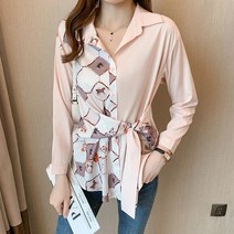 [이꾸띠] 컴라이리 여성 봄 가을 버튼다운 카라 무지 배색 허리 끈 포인트 청바지와 잘 어울리는 원컬러 블라우스