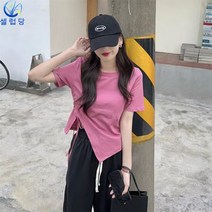셀럽당 코디하기 좋은 밑단 언밸런스 쇼트 슬림 트임 무지 라운드 스트링 반팔 티셔츠