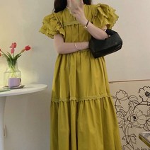저스트메리드 머스터드 옐로우 캐주얼 데일리 로맨틱 롱 원피스 드레스 C08