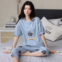 면화 투피스 잠옷 여성 반팔 크롭 바지 숙녀 여름은면 얇은 가정용 의류를 입을 수 있습니다.