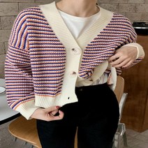 루프 스트라이프 캐주얼 루즈핏 심플 데일리 가디건(네이비블루 블루 레드)