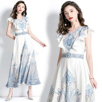 여성 럭셔리 오리엔탈 청담동 마담 여름 원피스 고급 린넨 쁘띠 플라워 디자이너 롱원피스