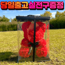 장미꽃 곰돌이 꽃인형 기념일 비누꽃 꽃다발, Small - 빨강