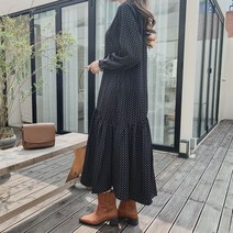 oshu / 가을 오브홈 패턴 노카라 캉캉 도트 롱원피스