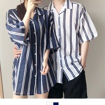 넘버나인 커플 스트라이프 린넨 오픈카라 반팔셔츠 CK0419009A