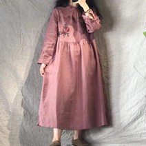 디자인 모란꽃 자수 린넨 원피스